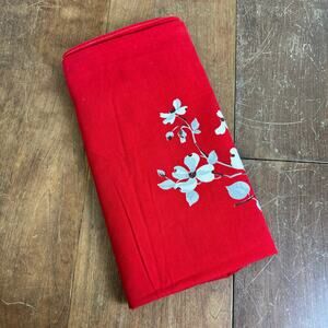 Vintage MCM retro red white gray floral table cloth 63‎ x 53 inches